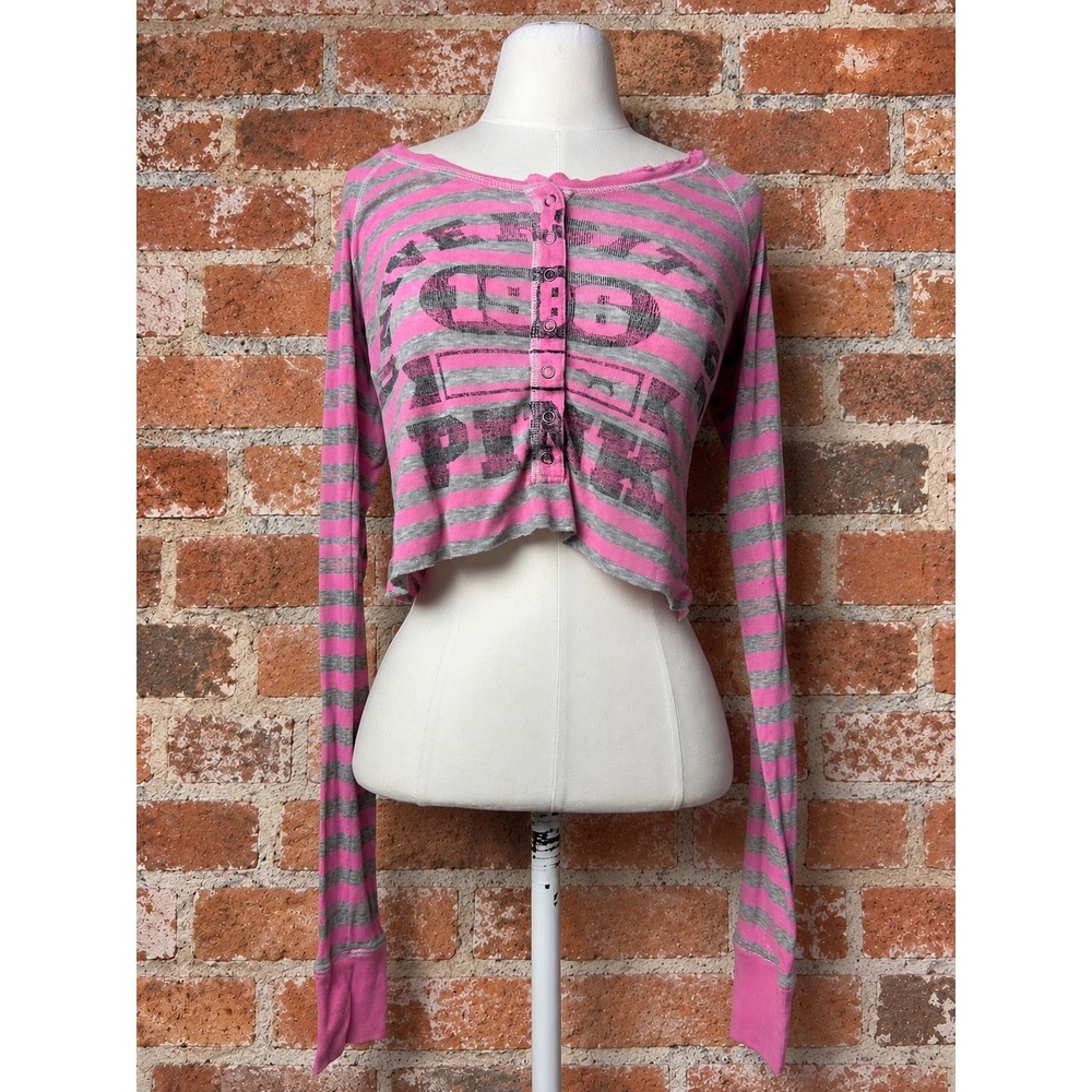 Y2K Victoria's Secret PINK Striped Henley Long Sleeve S Coquette Mcbling 2000s